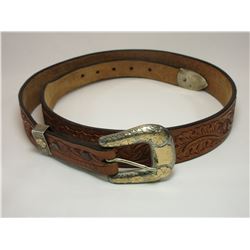 Unmarked Tooled Belt With Silver Ranger Buckle Set- 45"