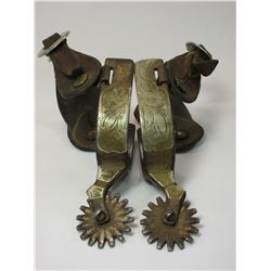 Unmarked Nickel Silver Overlaid Spurs- 1" Bands- 1.5" Shanks- 16 Point Rowels- Some Loss of Silver o