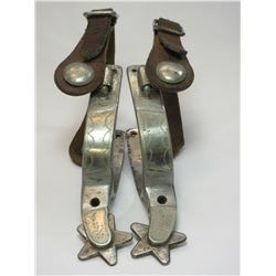 Marked Kelly Nickel Silver Overlaid Spurs- .75" Bands- 1.75" Shanks- 5 Point Rowels- Straps