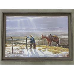 Unmarked Cowboy Oil Painting- Frame 39" X 27"