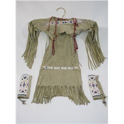 Beaded and Fringed Native Baby Dress- Doeskin- Beaded Drops- Some Fringe Loss- 20"L X 15"W at Should