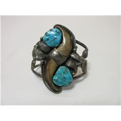 Marked H Wilson Bracelet- Silverplate- Turquoise- Bear Claws