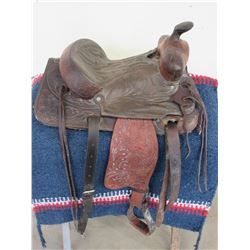 Unmarked Padded Seat Saddle- 14" Seat- Tooled- Good User