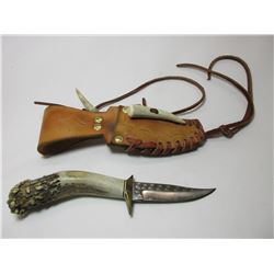 Antler Handle Knife- Stainless- Stamped Sheath- 3.25" Blade- 4.25" Handle- Scrimshaw Wolf On Handle-