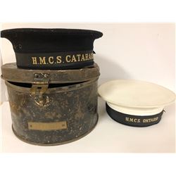 GR OF 3, HMCS NAVAL CAPS WITH ORIGINAL TIN CASE