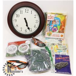 BOX WITH A CLOCK, OTHER ITEMS.