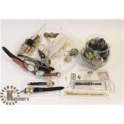 A LOT OF COINS, STAMPS, GLASS CONTAINER FULL