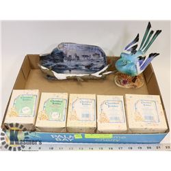 LOT OF CHERISHED TEDDIES AND A CERAMIC BIRD FIGURE.