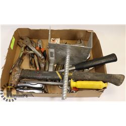 LOT WITH WRENCHES, VISES, HAMMERS AND MORE.