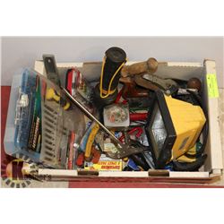 BOX OF MISC TOOLS AND MORE.