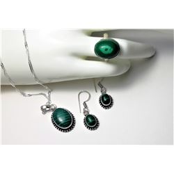 12) GREEN MALACHITE SUITE OF JEWELLERY