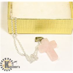PINK AGATE CROSS W/ 925 STERLING SILVER CHAIN
