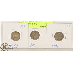 LOT OF 3 NEWFOUNDLAND 10 CENT COINS - 1941 & 1943.