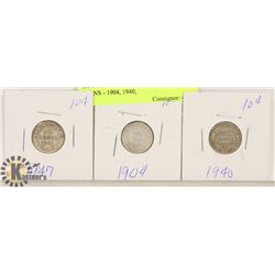 LOT OF 3 NEWFOUNDLAND 10 CENT COINS - 1904, 1940,