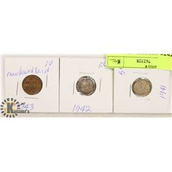 LOT OF 3 NEWFOUNDLAND COINS - 1941 & 1942 FIVE