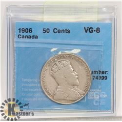 1906 CANADIAN 50 CENT GRADED COIN.