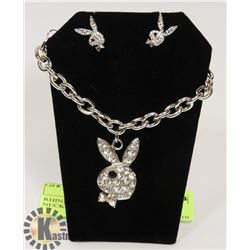 RHINESTONE PLAYBOY BUNNY NECKLACE AND EARRING SET
