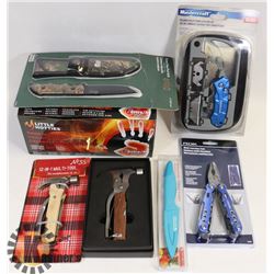 FLAT OF TOOL MERCHANDISE AND BOX OF HAND WARMERS.