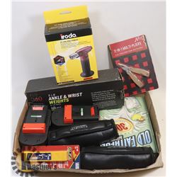 FLAT OF MISC EXERCISE WEIGHTS AND BATTERIES.