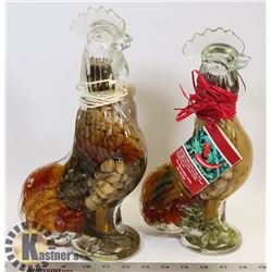 TWO 13" TALL ROOSTERS FILLED WITH COLORFUL SPICES.