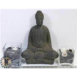 BUDDHA FIGURE 13"X9" WITH 2 SQUARE GLASS VASES OF