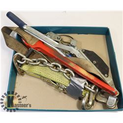 BOX WITH COME ALONG WINCH AND 2 STRAPS.