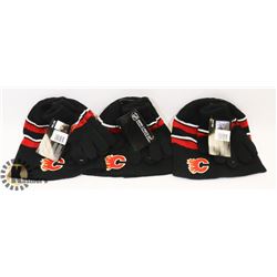3 NEW CALGARY FLAMES MITTS AND TOQUE SETS.