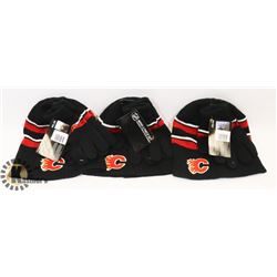 3 NEW CALGARY FLAMES TOQUE & MITT SETS.