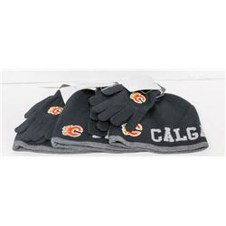 3 NEW CALGARY FLAMES MITTS AND TOQUE SETS.