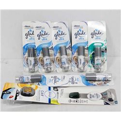 BAG OF ASSORTED CAR VENT CLIPS AND GLADE ULTRA