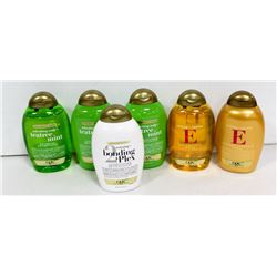 6 BOTTLES OF OGX SHAMPOO AND CONDITIONER.