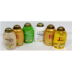 6 BOTTLES OF OGX SHAMPOO AND CONDITIONER.