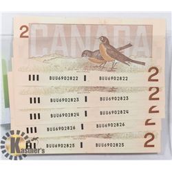LOT OF 5 CANADIAN 1986 SEQUENTIAL 2 DOLLAR BILLS.