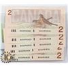 Image 1 : LOT OF 5 CANADIAN 1986 SEQUENTIAL 2 DOLLAR BILLS.