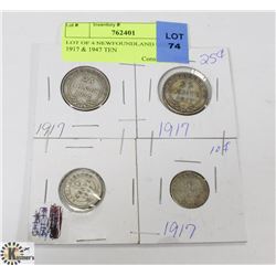 LOT OF 4 NEWFOUNDLAND COINS - 1917 & 1947 TEN