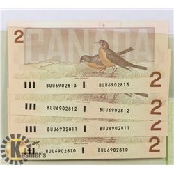 LOT OF 4 CANADIAN 1986 SEQUENTIAL 2 DOLLAR BILLS.