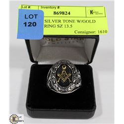 MASONIC SILVER TONE W/GOLD ACCENTS RING SZ 13.5
