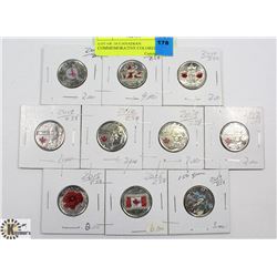 LOT OF 10 CANADIAN COMMEMORATIVE COLORED 25 CENT