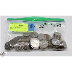 BAG OF ASSORTED 5 CENT COINS 1940'S AND UP