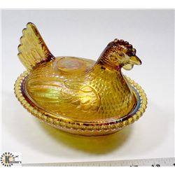 CARNIVAL GLASS HEN ON NEST DISH