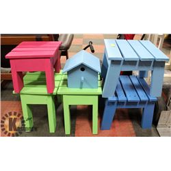 LOT OF WOOD STOOLS & BIRD HOUSE,