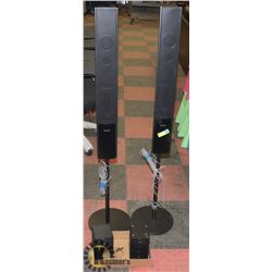 2 SONY TALL TOWER SPEAKERS ON STAND WITH 2 SMALL