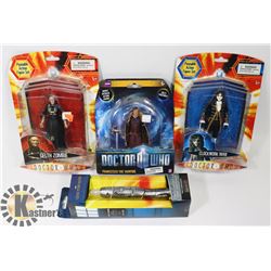 LOT OF 3 DOCTOR WHO FIGURES AND SONIC SCREWDRIVER.