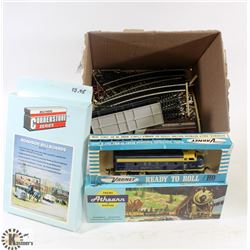 BOX OF ASSORTED HO SCALE TRAINS AND ACCESSORIES