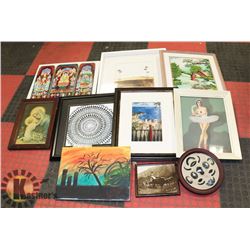 BOX WITH ASSORTED FRAMED PICTURES