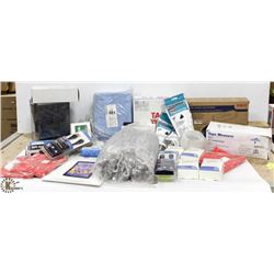 BOX OF ASSORTED OFFICE AND TECH SUPPLIES.