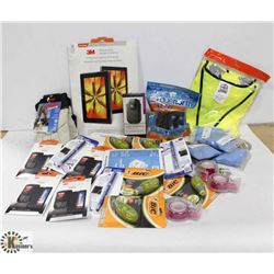 BOX OF MISCELLANEOUS OFFICE TECH AND SAFETY GEAR.