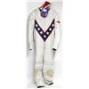 Image 1 : Evel Knievel style leather body suit from an unknown production, made by Motoport, together with sim