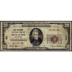 1929 $20 National Bank Milwaukee, WI CH# 64 National Currency Note