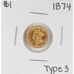 1874 Type 3 $1 Indian Princess Head Gold Dollar Coin